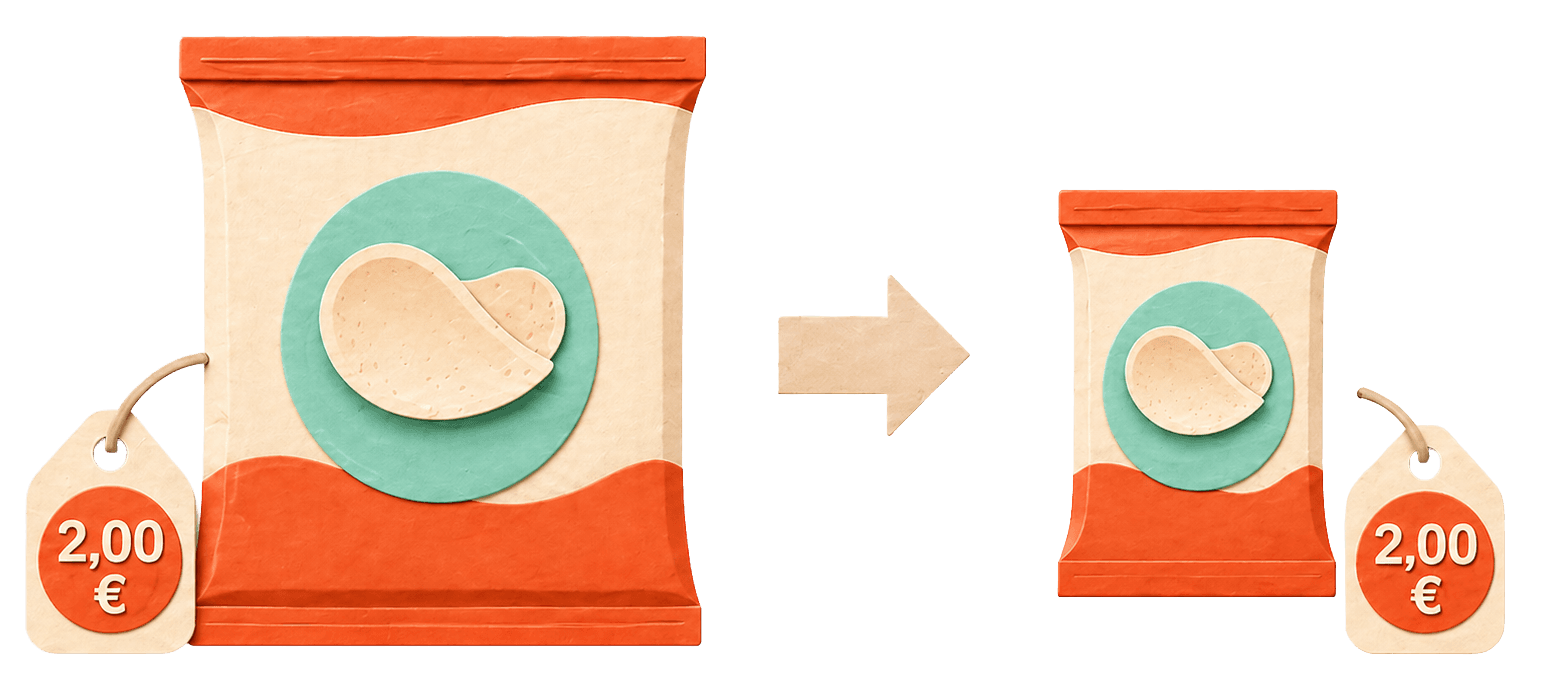 Un paquet de chips de 200 g devient un paquet de 150 g, le prix reste à 2 €