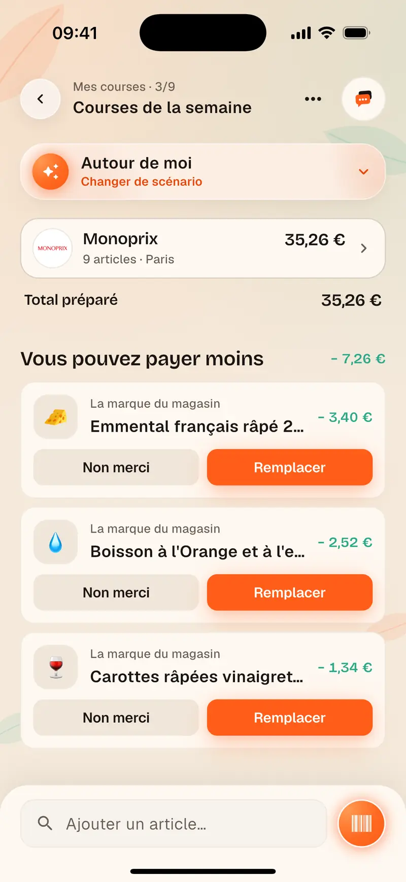 Liste de courses Aukilo, cochée rayon par rayon dans le magasin