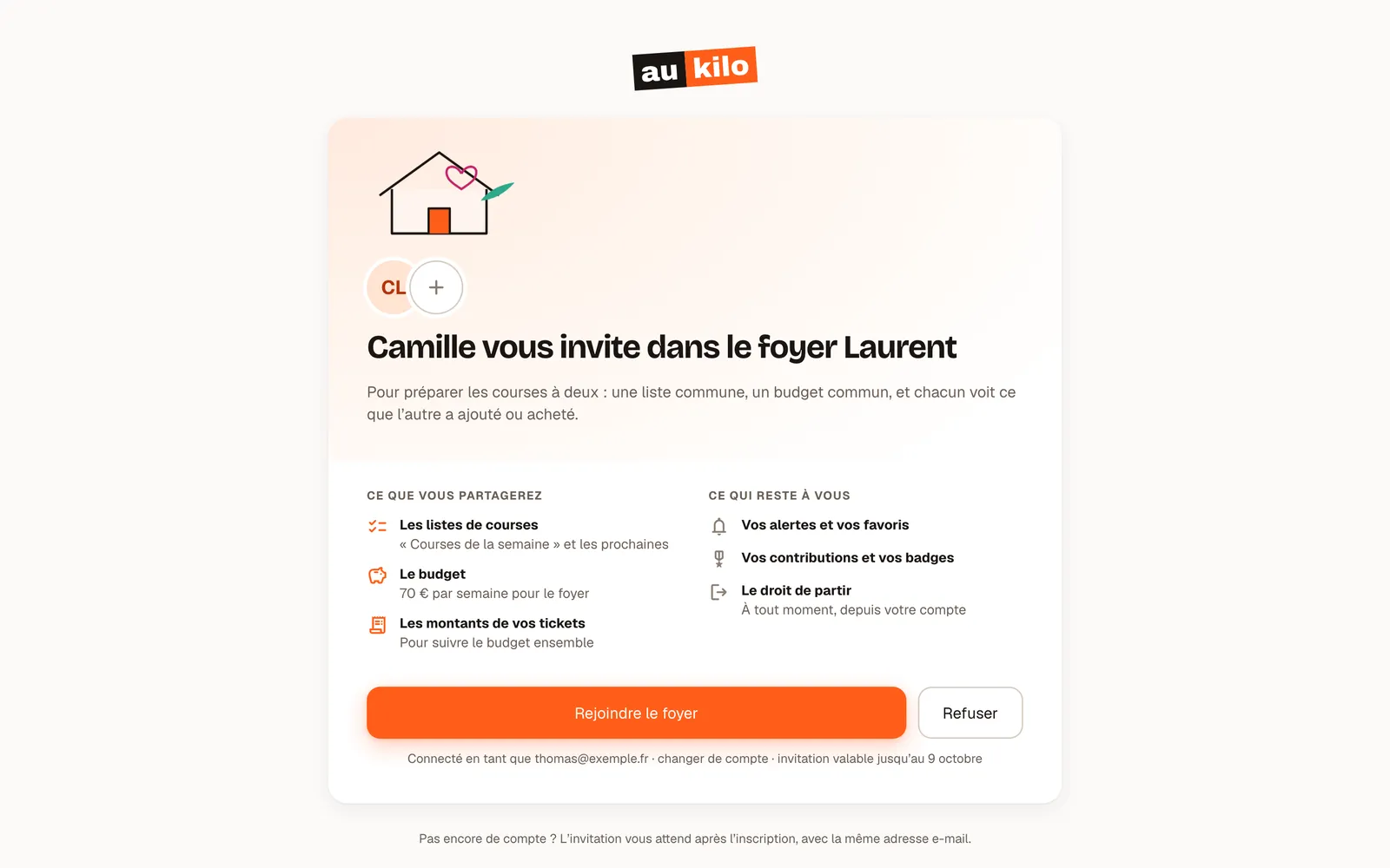 Invitation à rejoindre le foyer : listes, budget et tickets partagés