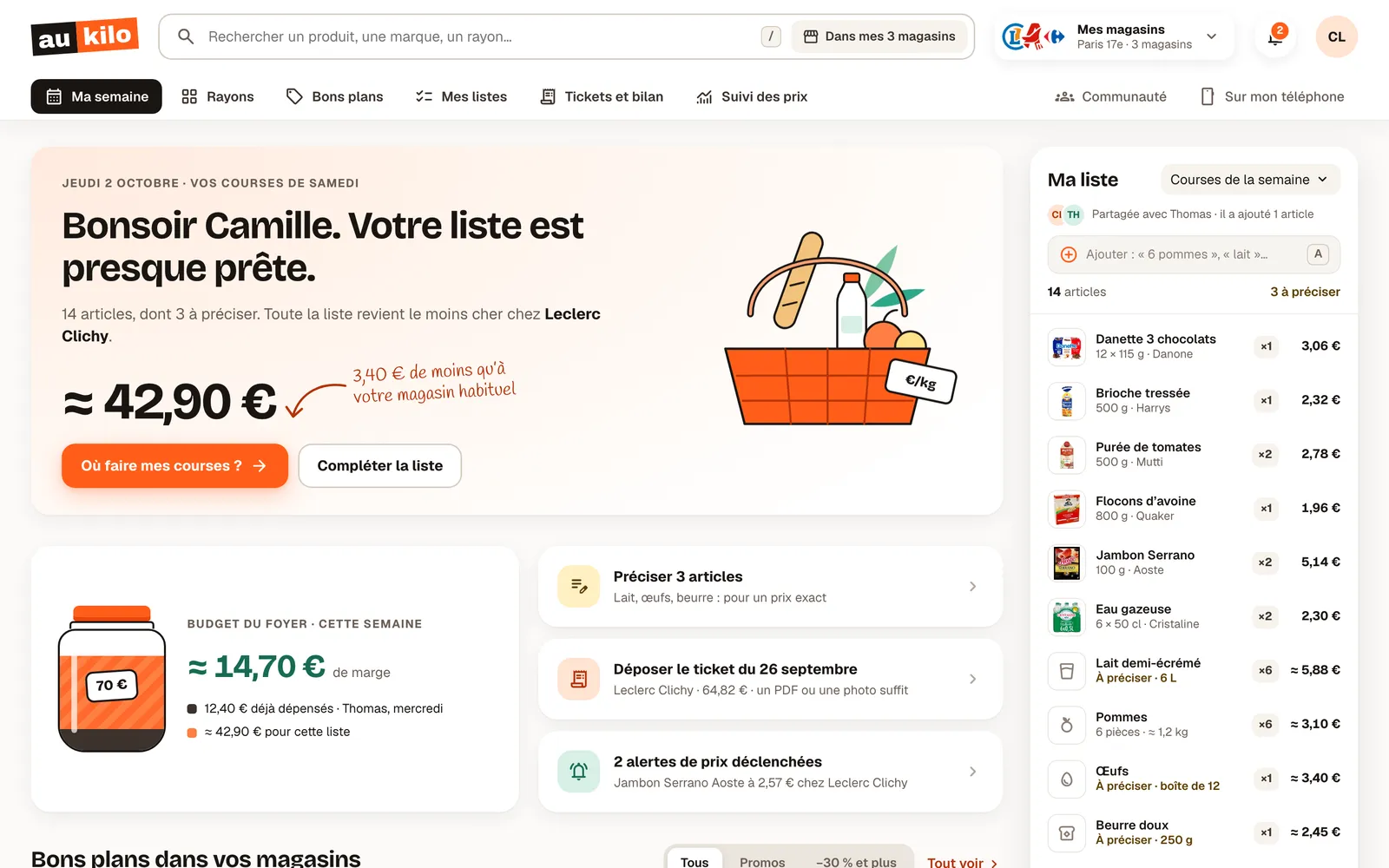 L’app web Aukilo sur ordinateur : la liste de la semaine, son prix et le budget du foyer