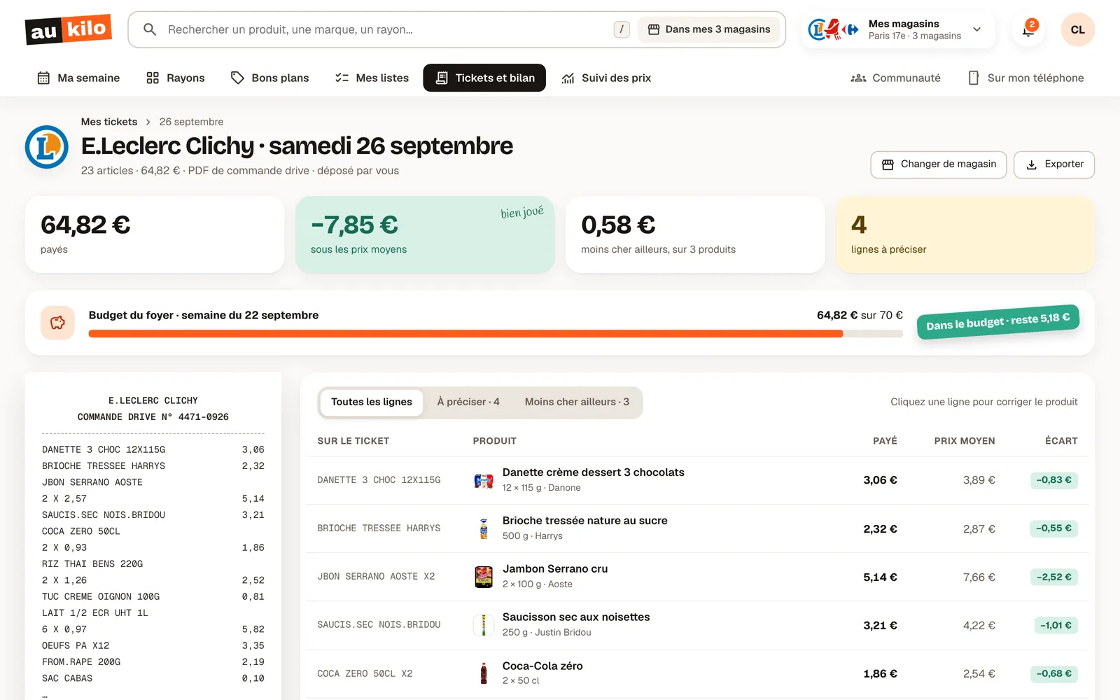 Écran de l’app web : un ticket lu ligne par ligne, comparé aux prix moyens